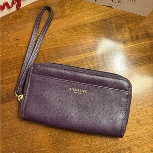 Coach Plum Leather Large Wristlet Wallet with Gold Foil Logo